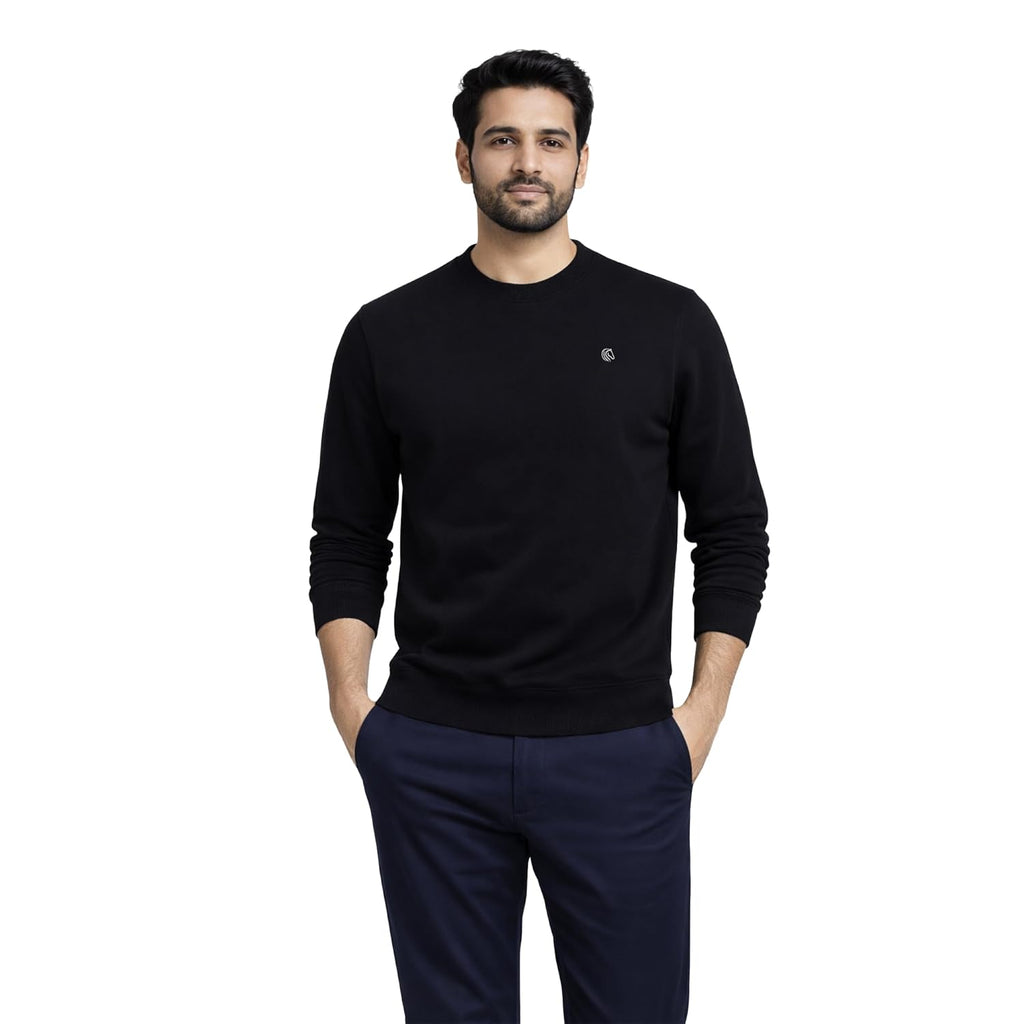 Men’s Solid Fleece Crew Neck Sweatshirt-BLACK