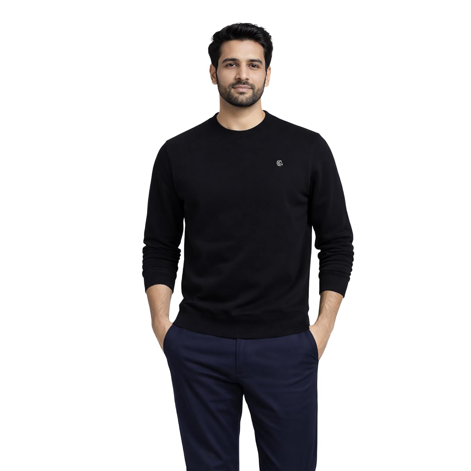 Men’s Solid Fleece Crew Neck Sweatshirt-BLACK