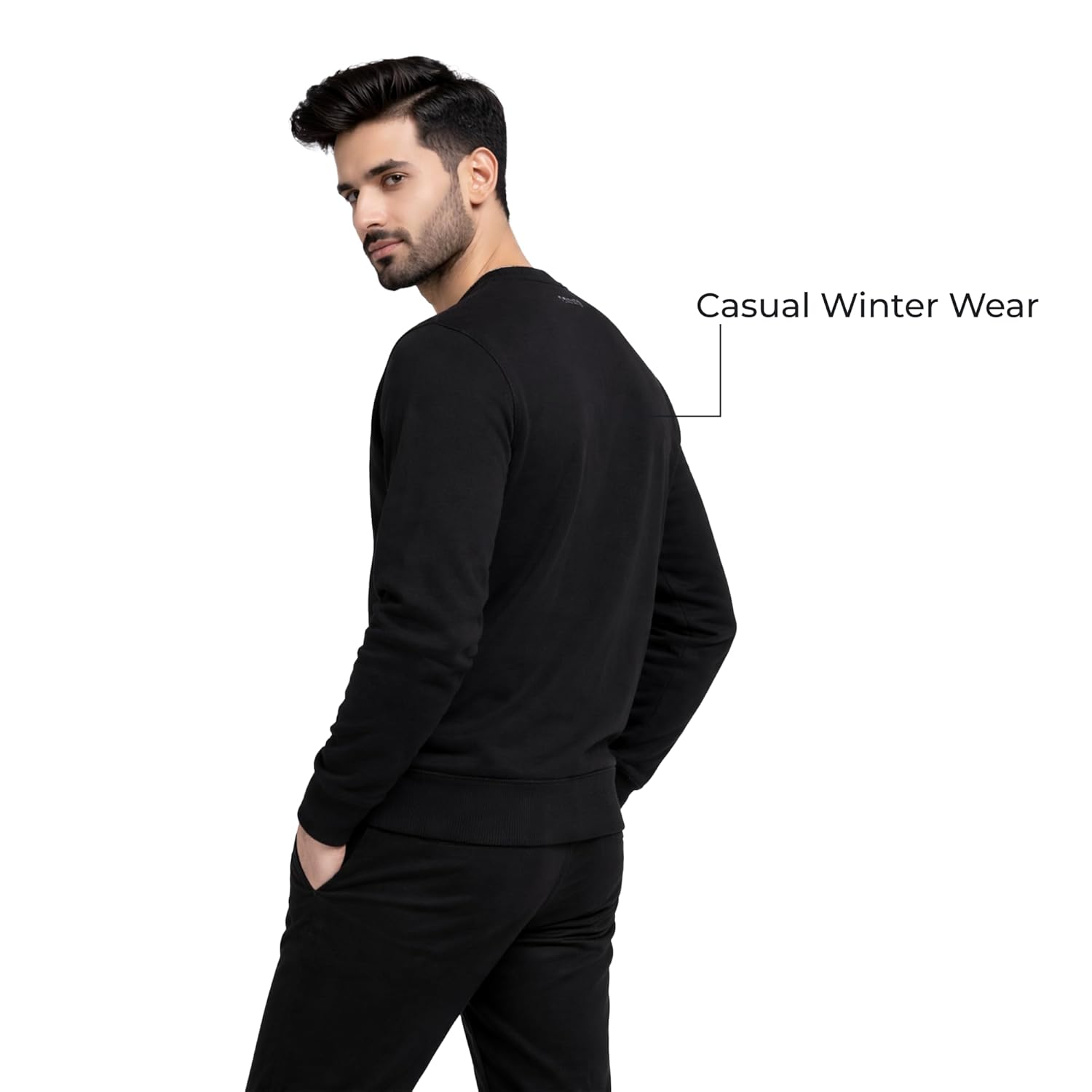 Men’s Solid Fleece Crew Neck Sweatshirt-BLACK