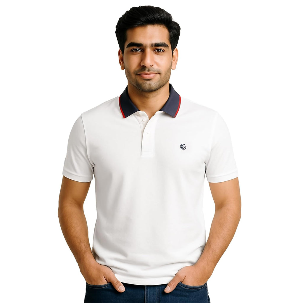 Mens Cotton Regular Fit Stretch Pique Solid Polo Shirt- WHITE
