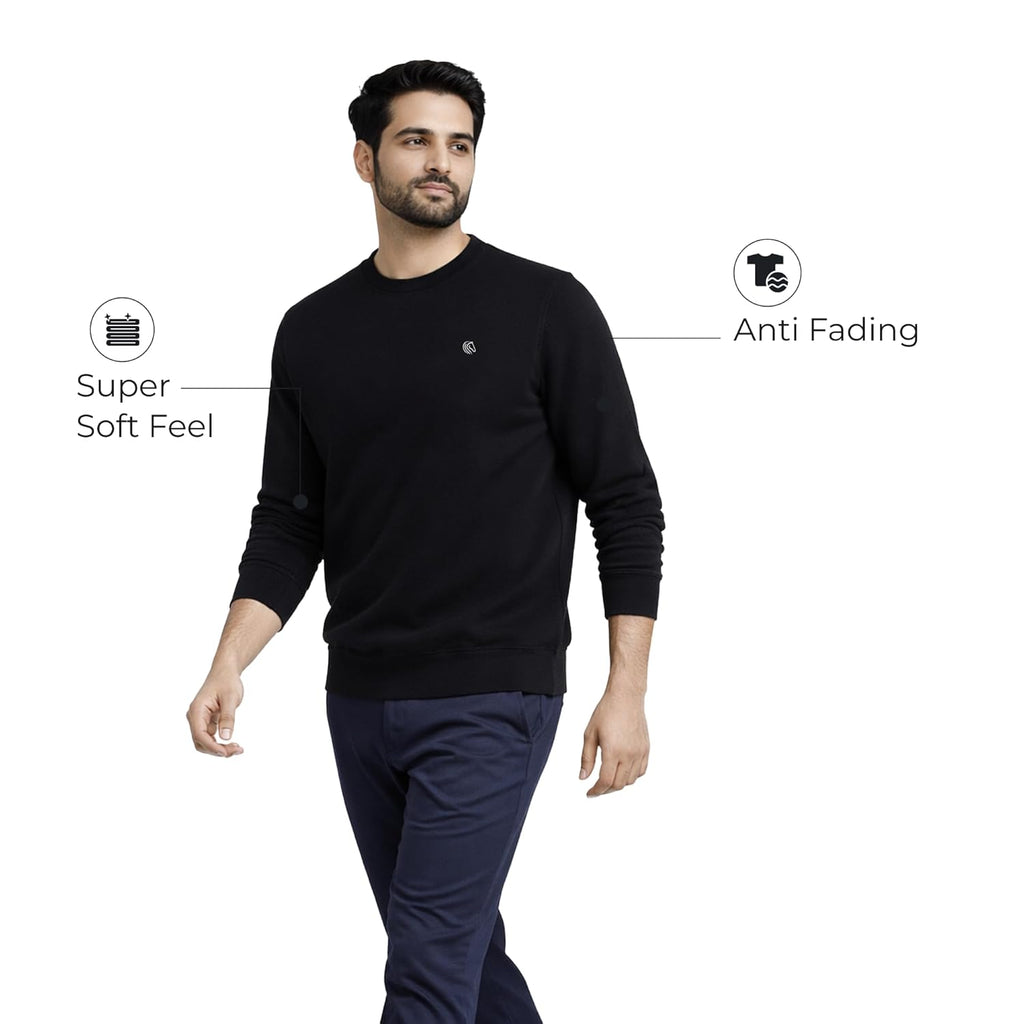 Men’s Solid Fleece Crew Neck Sweatshirt-BLACK
