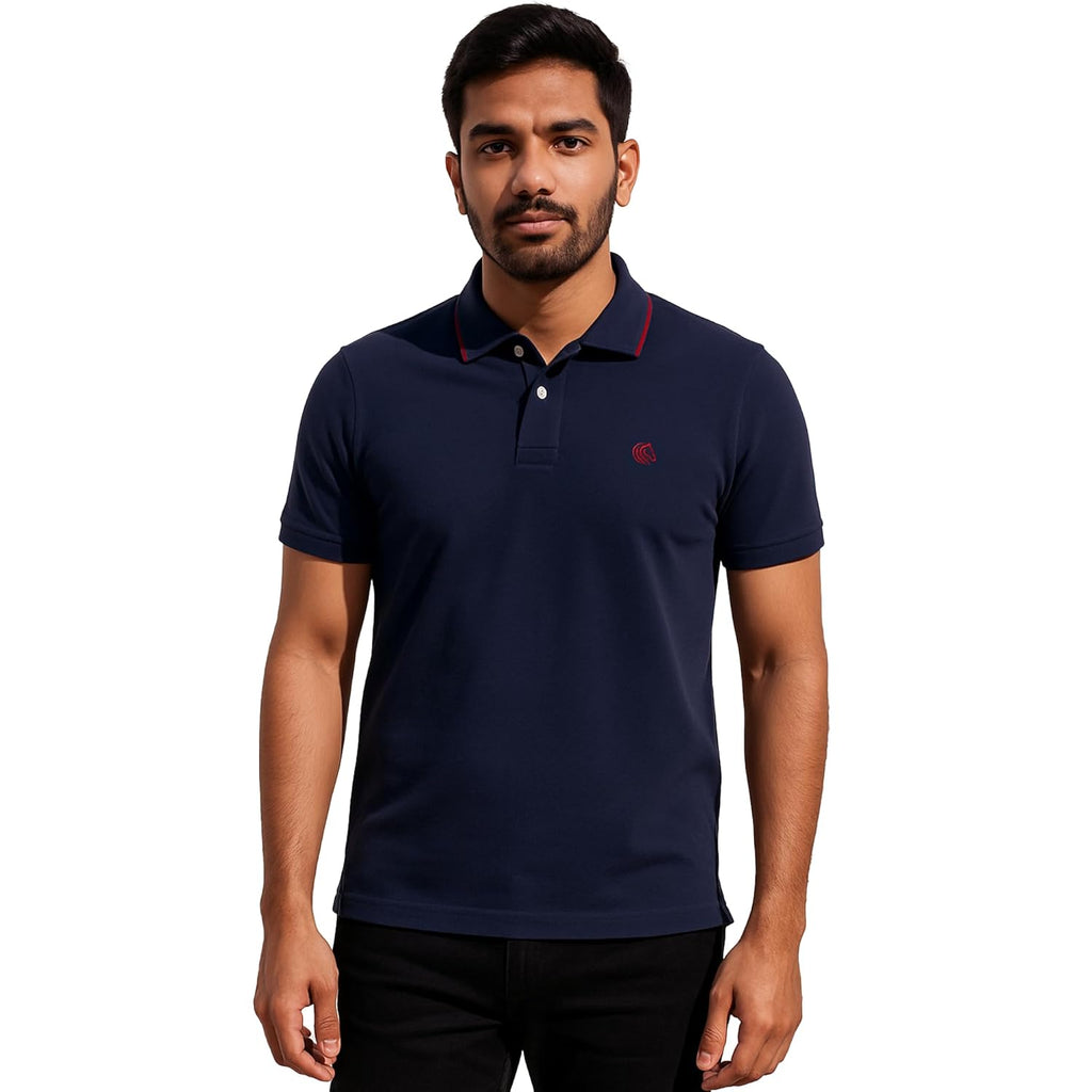 Mens Cotton Regular Fit Stretch Pique Solid Polo Shirt- CLASSIC NAVY