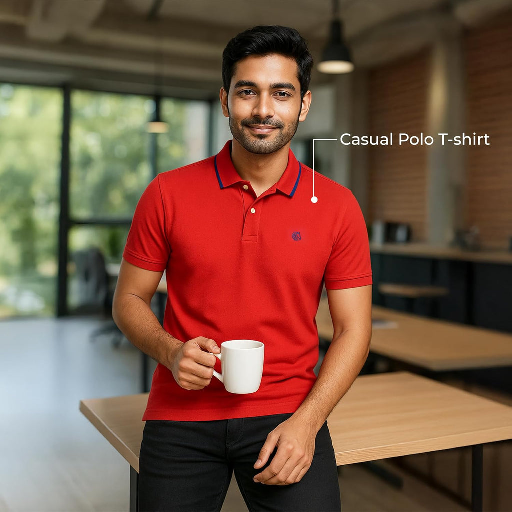 Mens Cotton Regular Fit Stretch Pique Solid Polo Shirt-POPPY RED