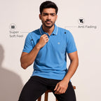 Mens Cotton Regular Fit Stretch Pique Solid Polo Shirt- LIGHT BLUE