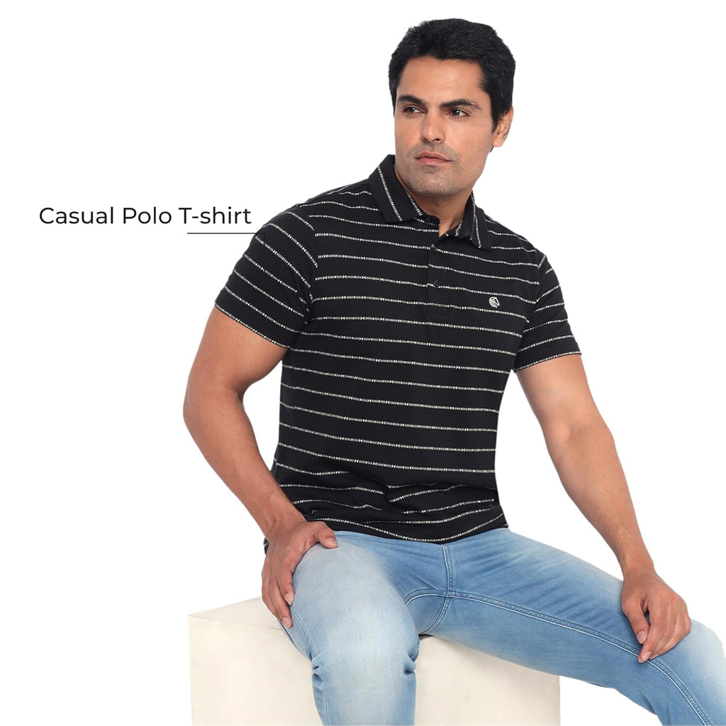Men’s Regular Fit Jacquard Polo Shirt with Self Collar-BLACK
