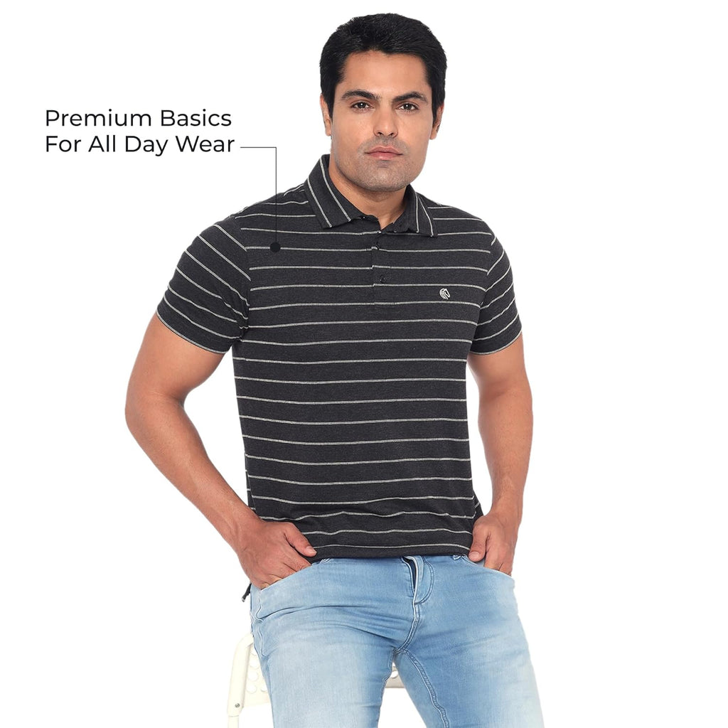 Men’s Regular Fit Jacquard Polo Shirt with Self Collar-DARK GREY MELANGE