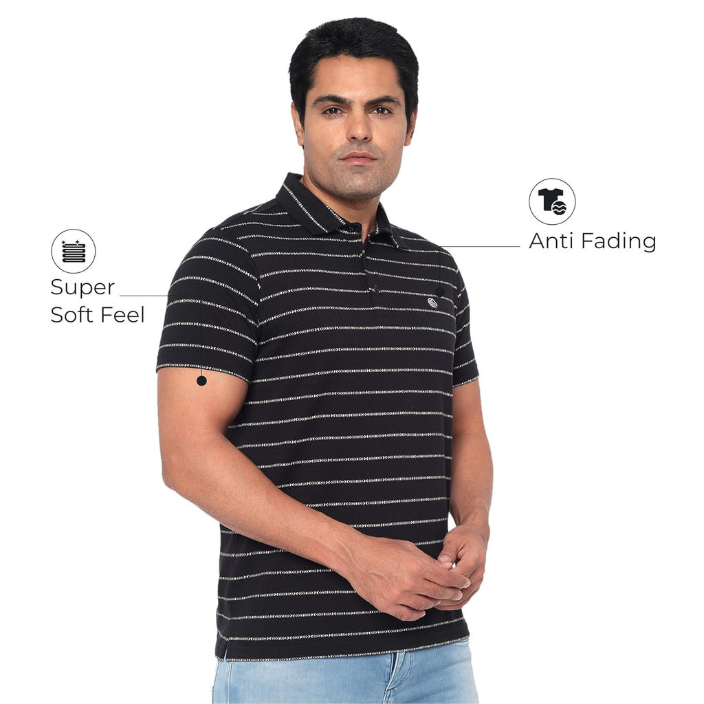 Men’s Regular Fit Jacquard Polo Shirt with Self Collar-BLACK
