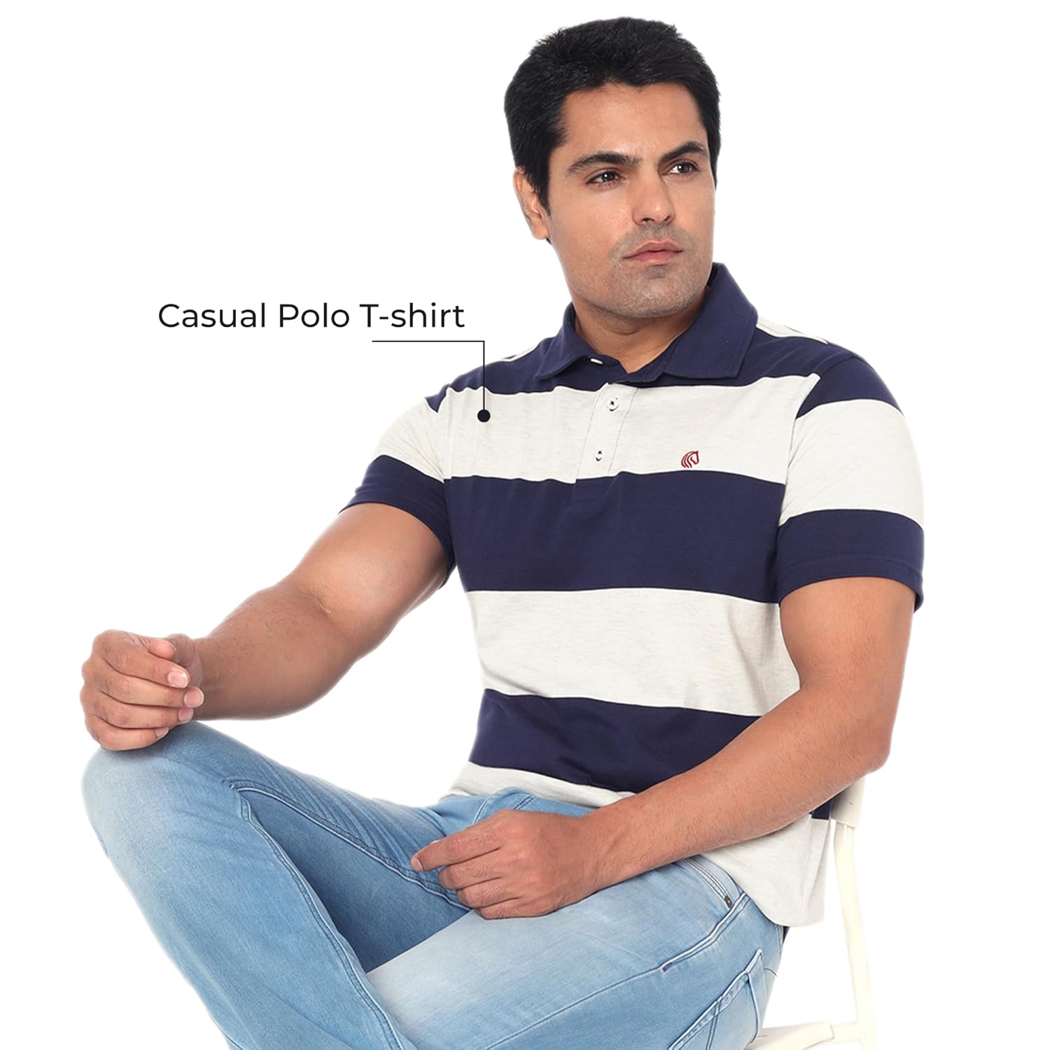 Regular Fit Men’s Polo T Shirt- OATMEAL MELANGE AND CLASSIC NAVY