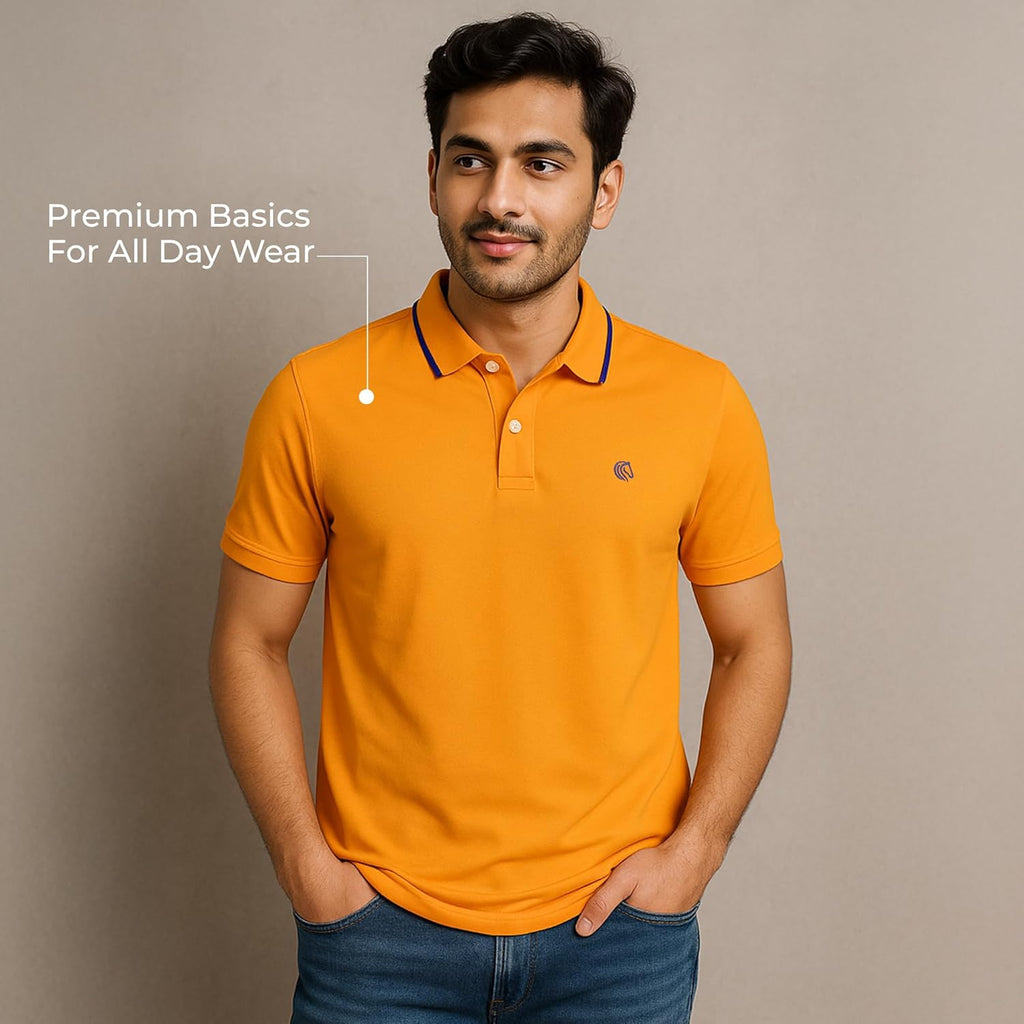 Mens Cotton Regular Fit Stretch Pique Solid Polo Shirt- ORANGE