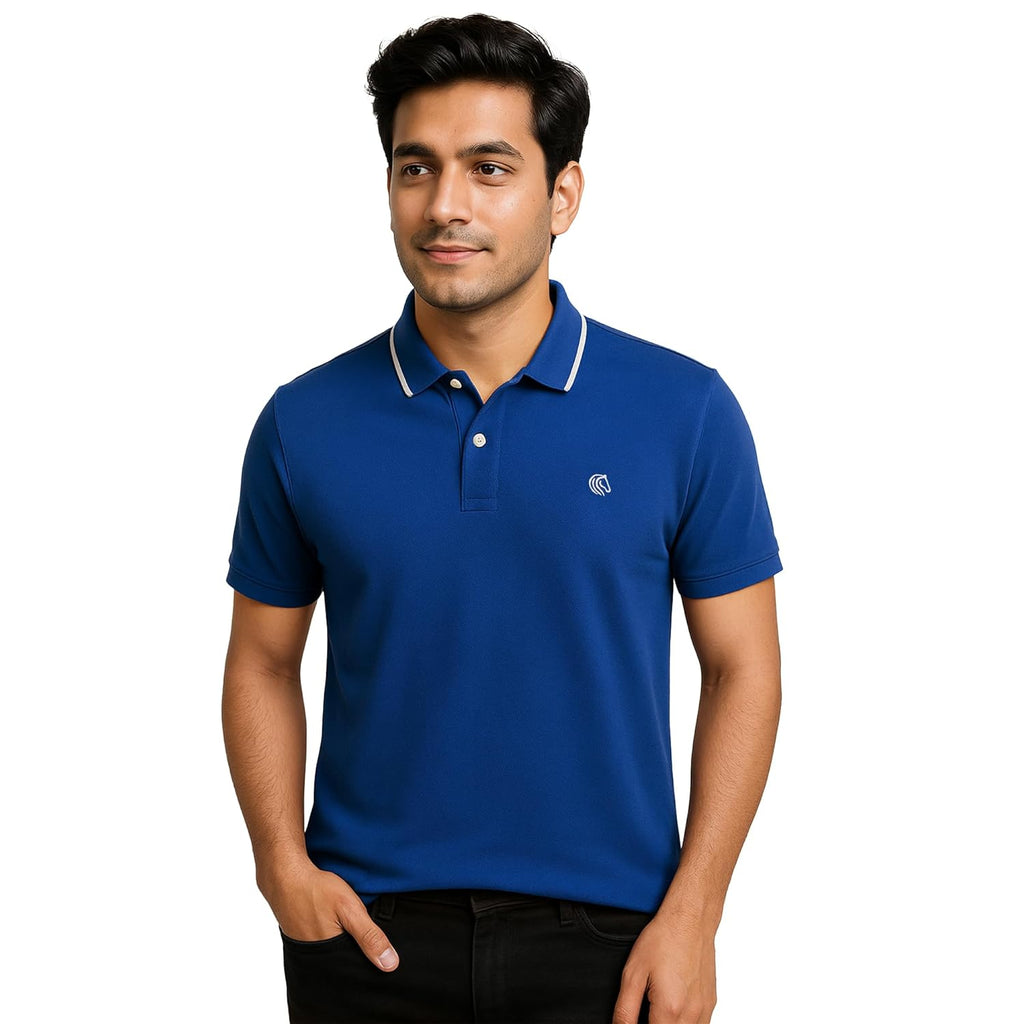 Mens Cotton Regular Fit Stretch Pique Solid Polo Shirt-ROYAL BLUE