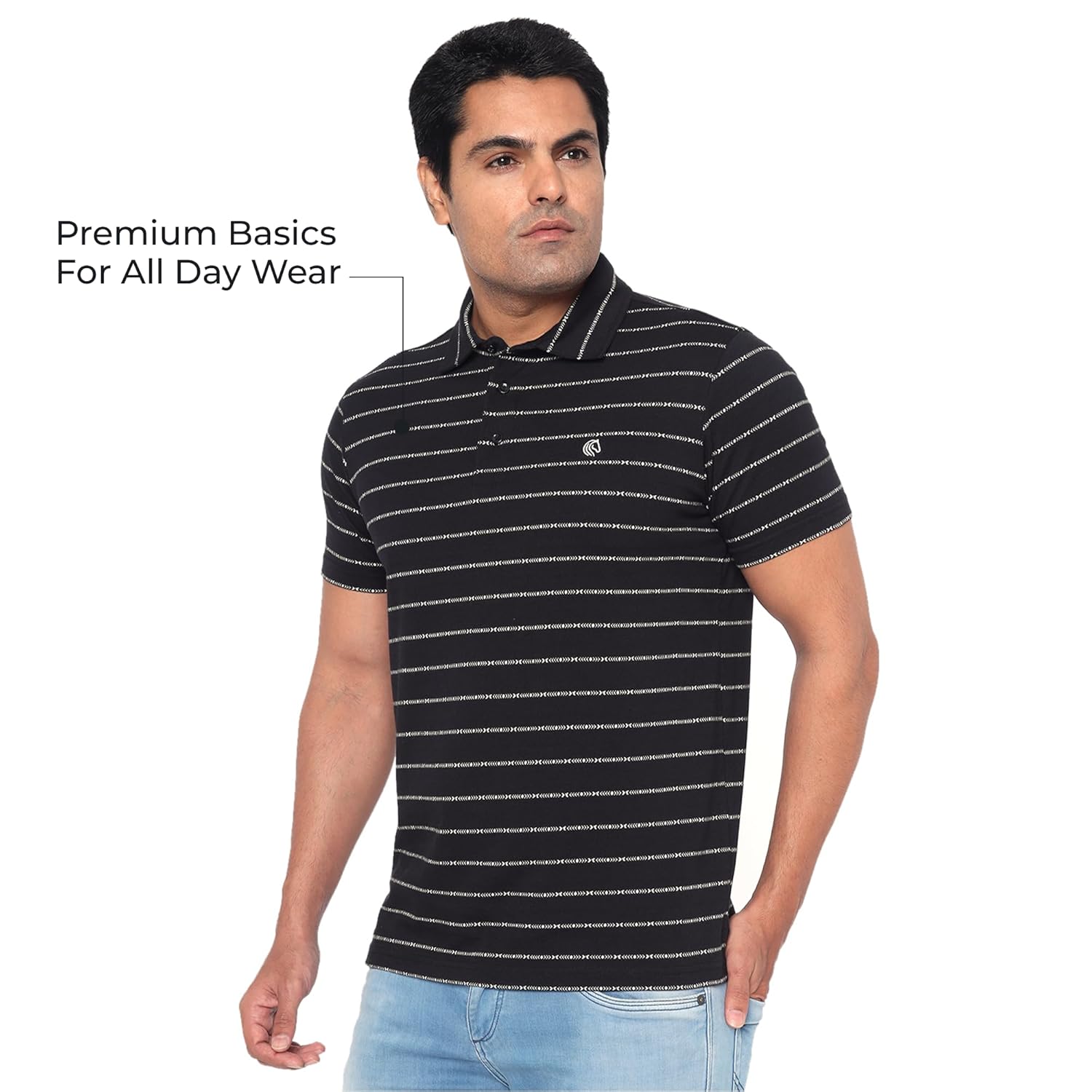 Men’s Regular Fit Jacquard Polo Shirt with Self Collar-BLACK
