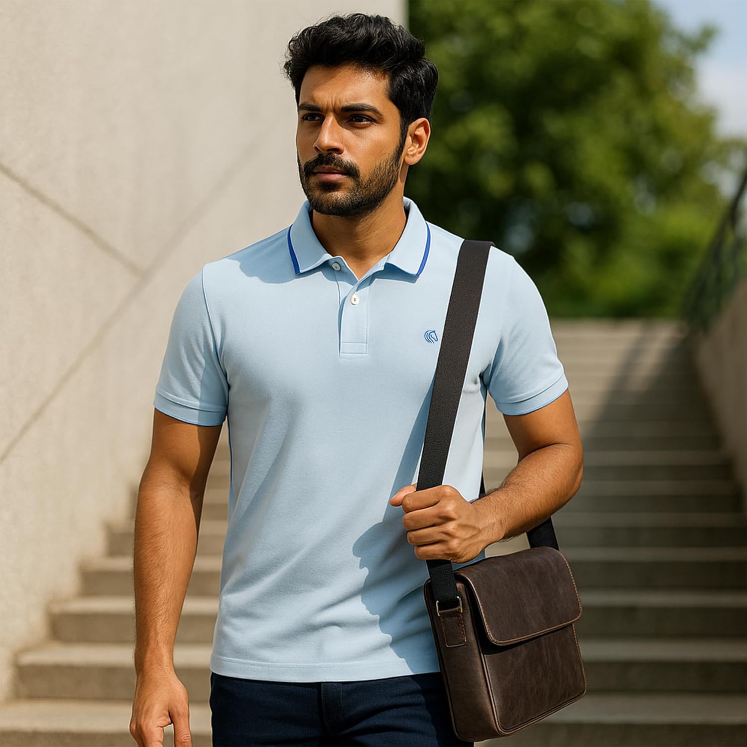 Mens Cotton Regular Fit Stretch Pique Solid Polo Shirt- SKY BLUE