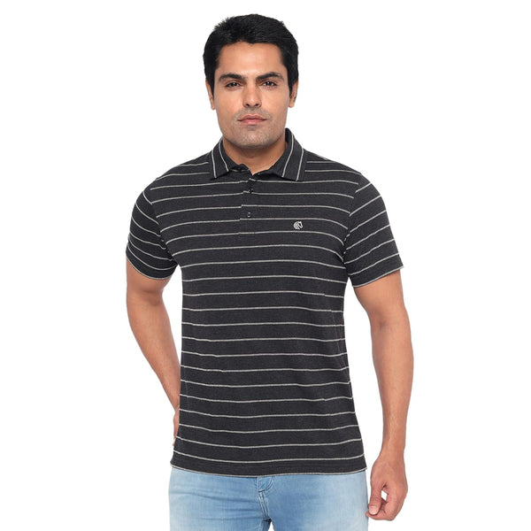 Men’s Regular Fit Jacquard Polo Shirt with Self Collar-DARK GREY MELANGE