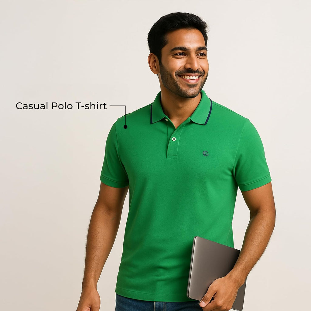 Mens Cotton Regular Fit Stretch Pique Solid Polo Shirt-PARROT GREEN