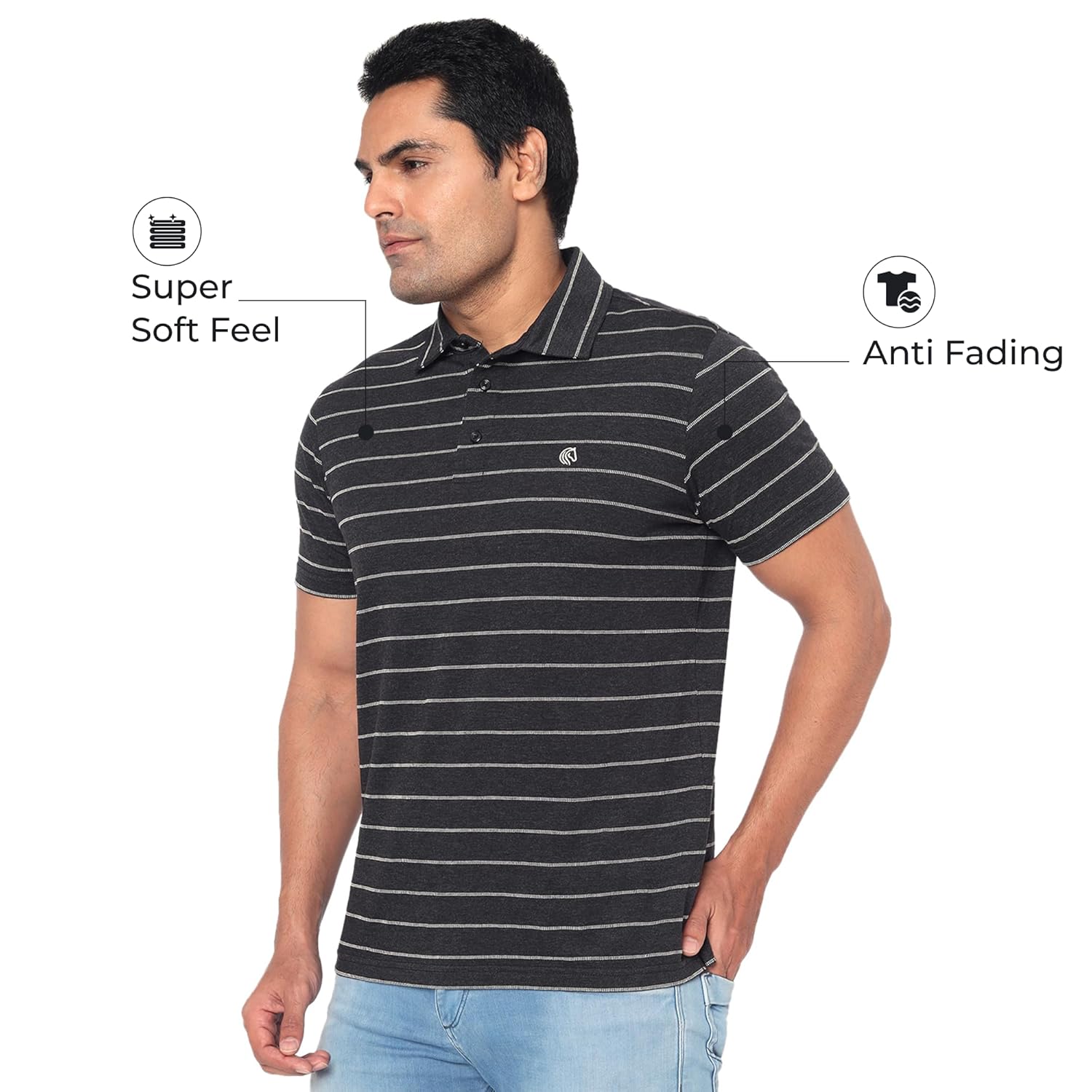 Men’s Regular Fit Jacquard Polo Shirt with Self Collar-DARK GREY MELANGE