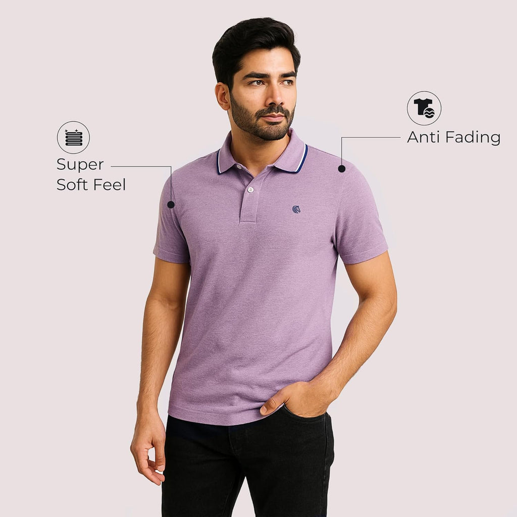 Men's Cotton Polyester Regular Fit Interlock Polo Shirt-LILAC MELANGE