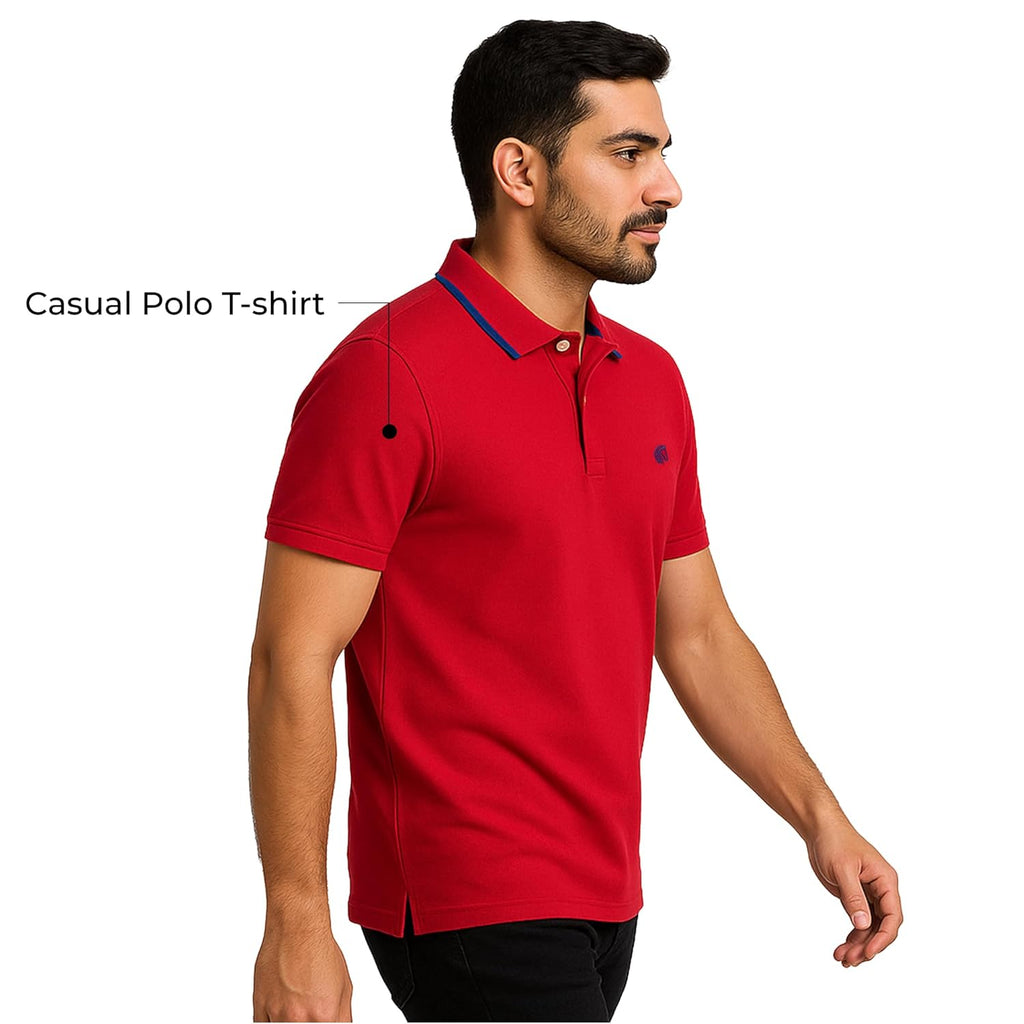 Mens Cotton Regular Fit Stretch Pique Solid Polo Shirt- RED