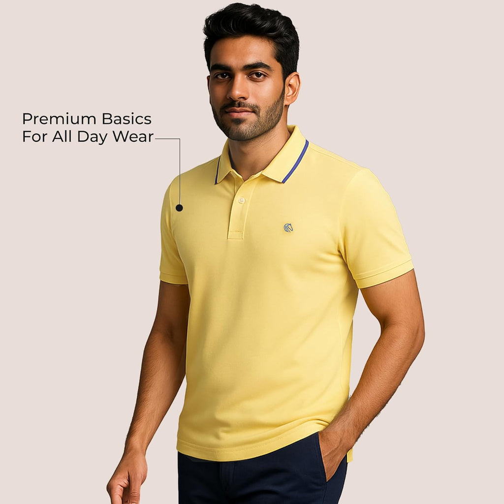 Mens Cotton Regular Fit Stretch Pique Solid Polo Shirt- LEMON YELLOW