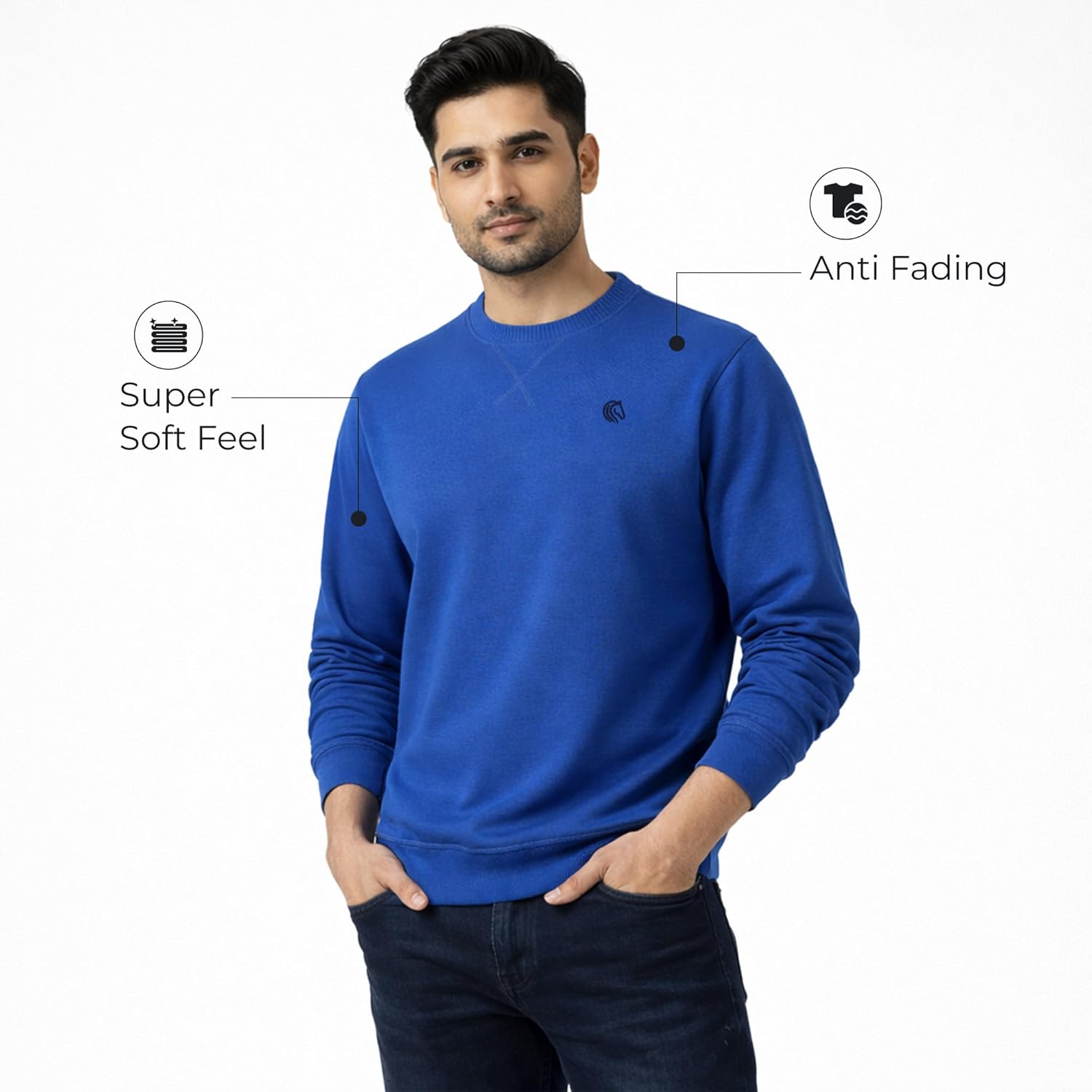 Men’s Solid Fleece Crew Neck Sweatshirt- OLYMPIAN BLUE