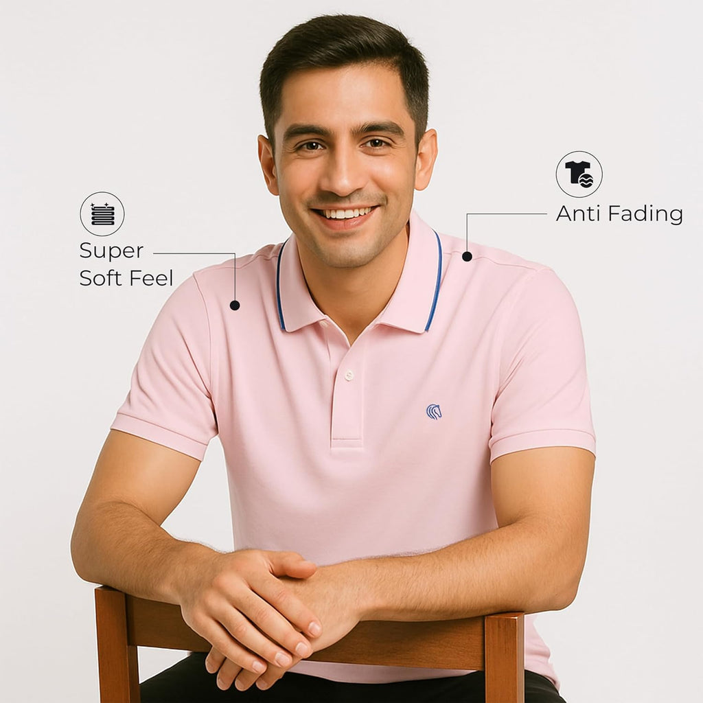 Mens Cotton Regular Fit Stretch Pique Solid Polo Shirt- BABY PINK