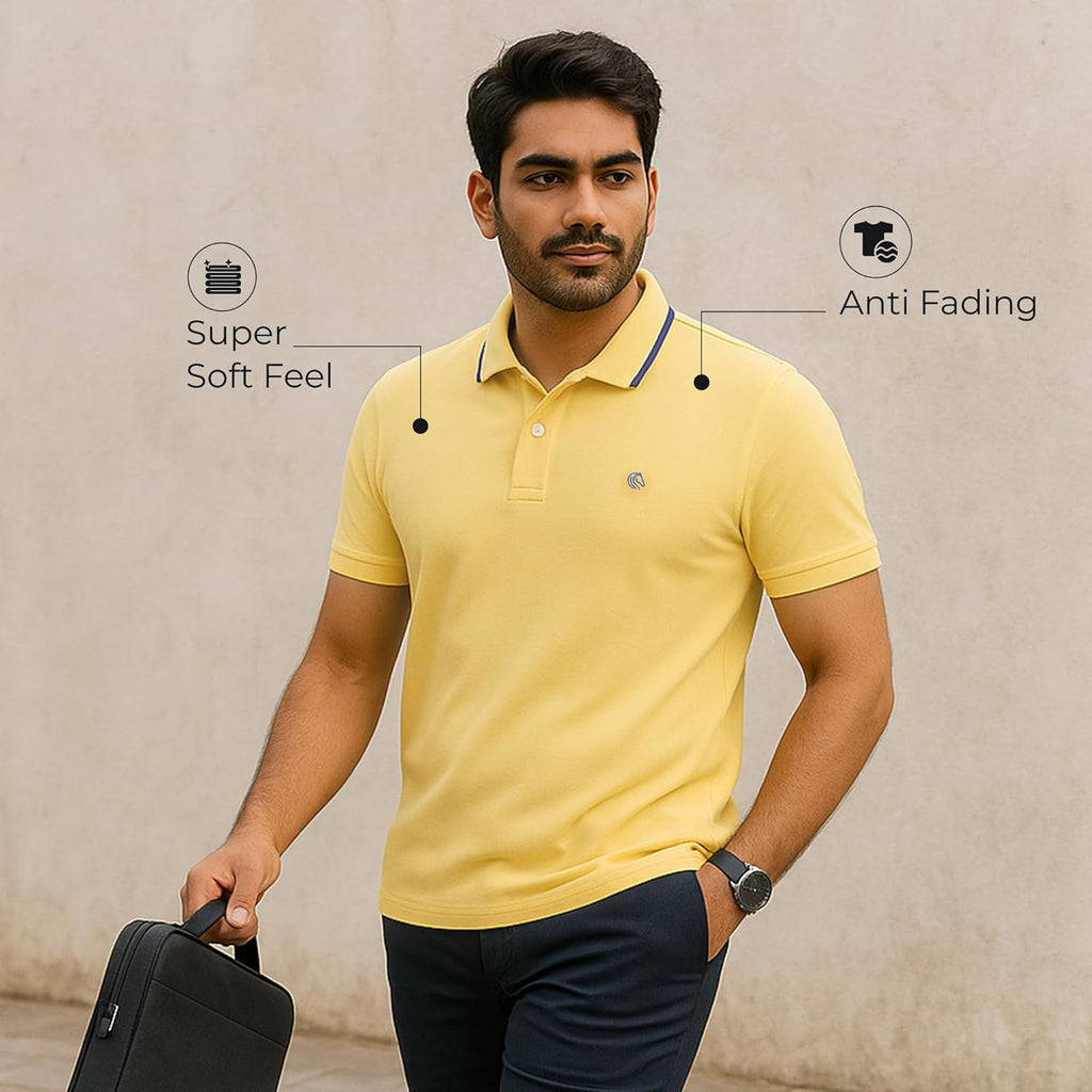 Mens Cotton Regular Fit Stretch Pique Solid Polo Shirt- LEMON YELLOW