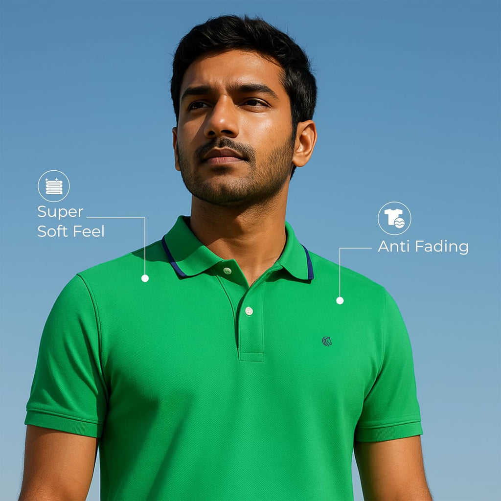 Mens Cotton Regular Fit Stretch Pique Solid Polo Shirt-PARROT GREEN