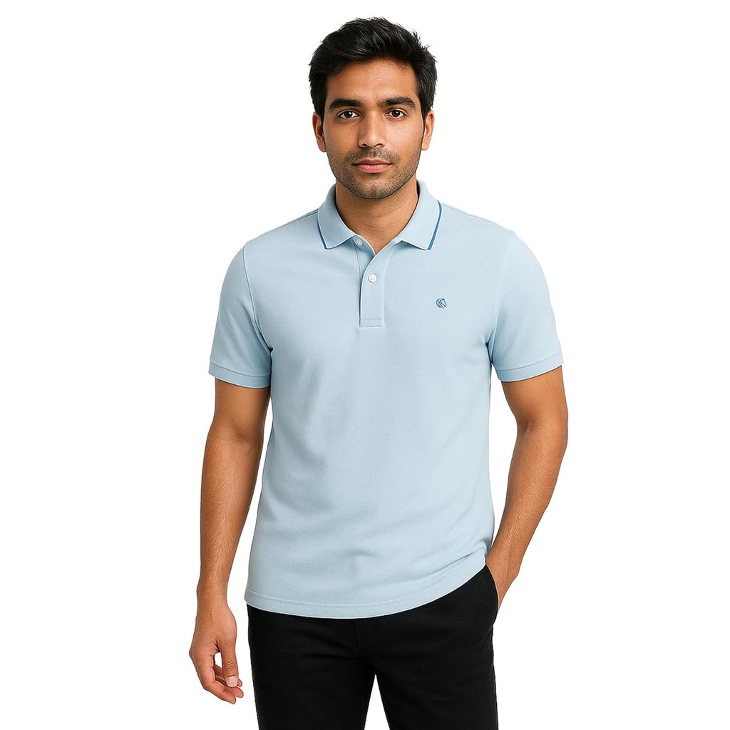 Mens Cotton Regular Fit Stretch Pique Solid Polo Shirt- SKY BLUE