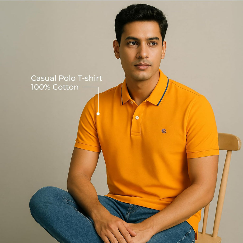 Mens Cotton Regular Fit Stretch Pique Solid Polo Shirt- ORANGE
