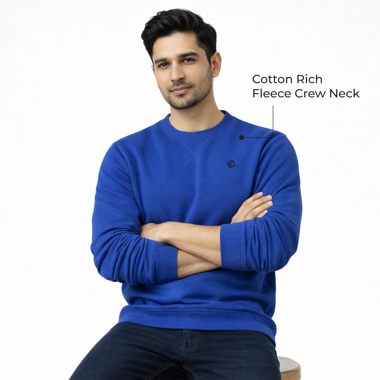 Men’s Solid Fleece Crew Neck Sweatshirt- OLYMPIAN BLUE