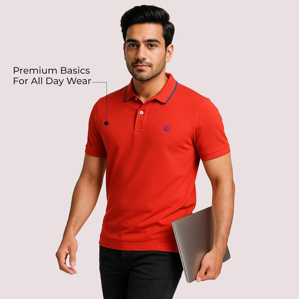 Mens Cotton Regular Fit Stretch Pique Solid Polo Shirt-POPPY RED