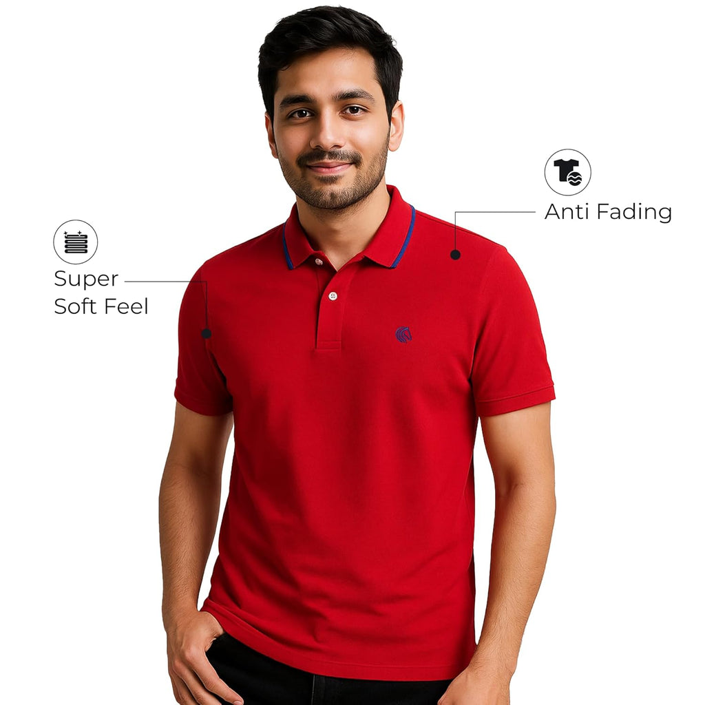 Mens Cotton Regular Fit Stretch Pique Solid Polo Shirt- RED