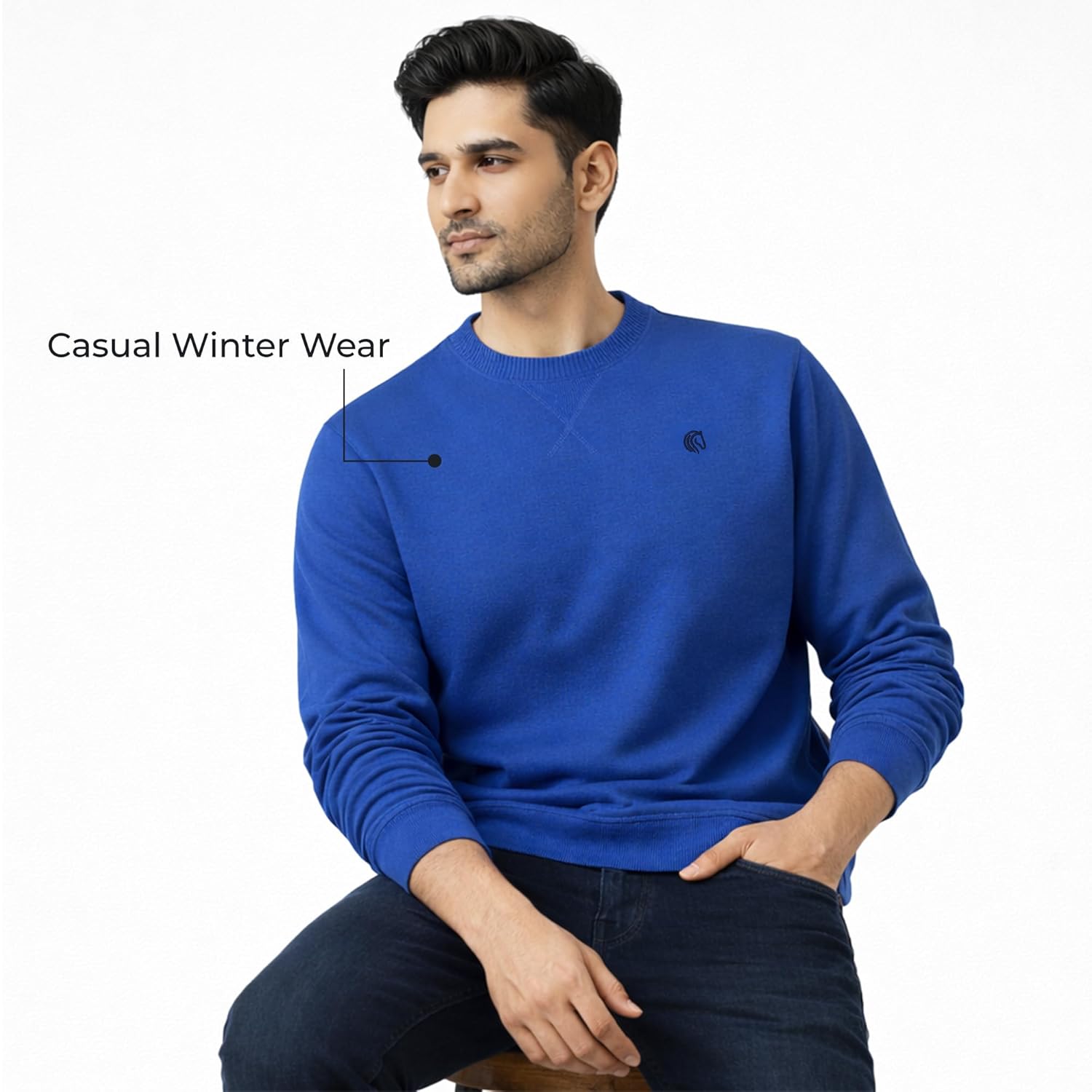 Men’s Solid Fleece Crew Neck Sweatshirt- OLYMPIAN BLUE
