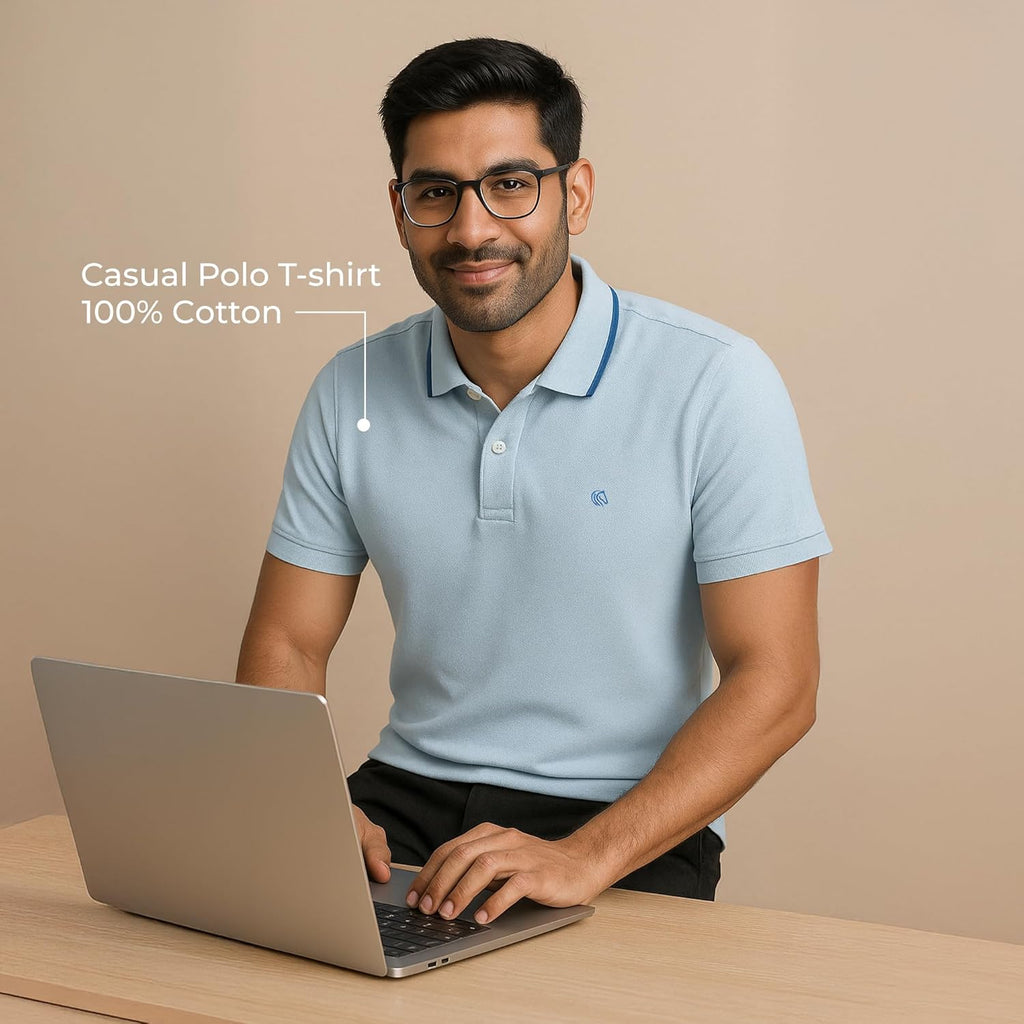Mens Cotton Regular Fit Stretch Pique Solid Polo Shirt- SKY BLUE