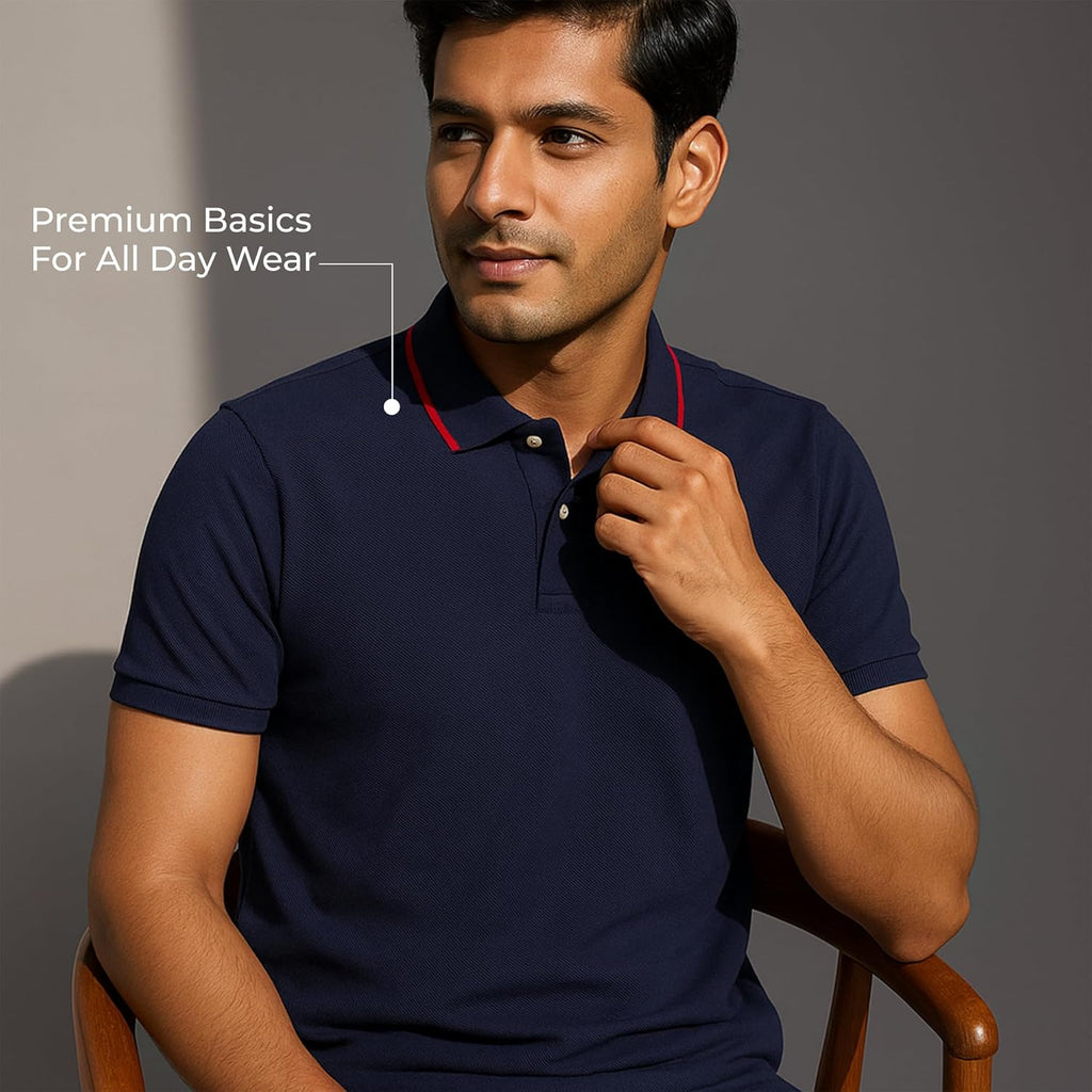 Mens Cotton Regular Fit Stretch Pique Solid Polo Shirt- CLASSIC NAVY
