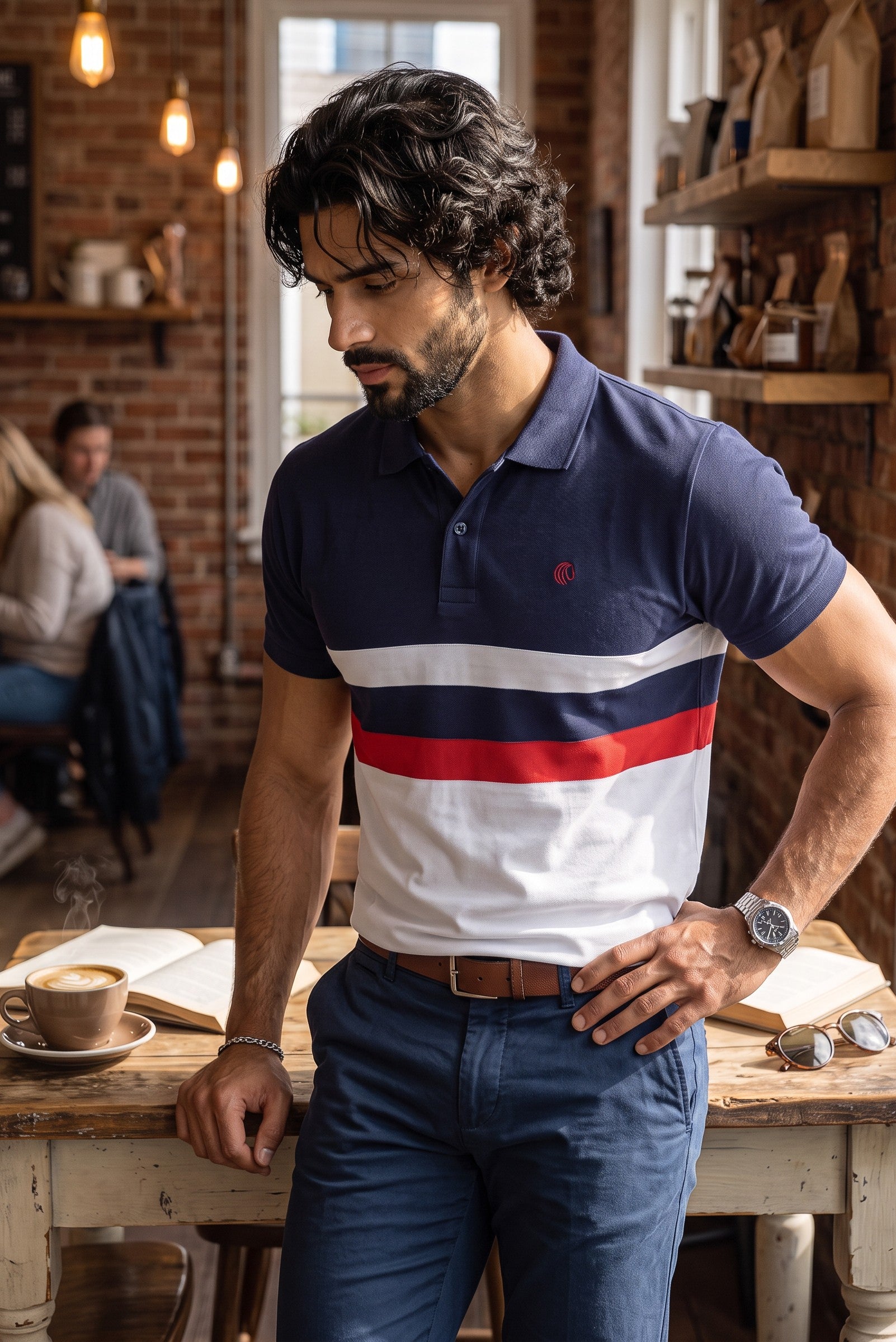 Men’s Cotton Color-Block Horizontal Striped Pique SS Polo Shirt