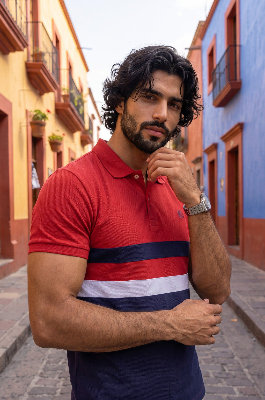Men’s Cotton Color-Block Horizontal Striped Pique SS Polo Shirt