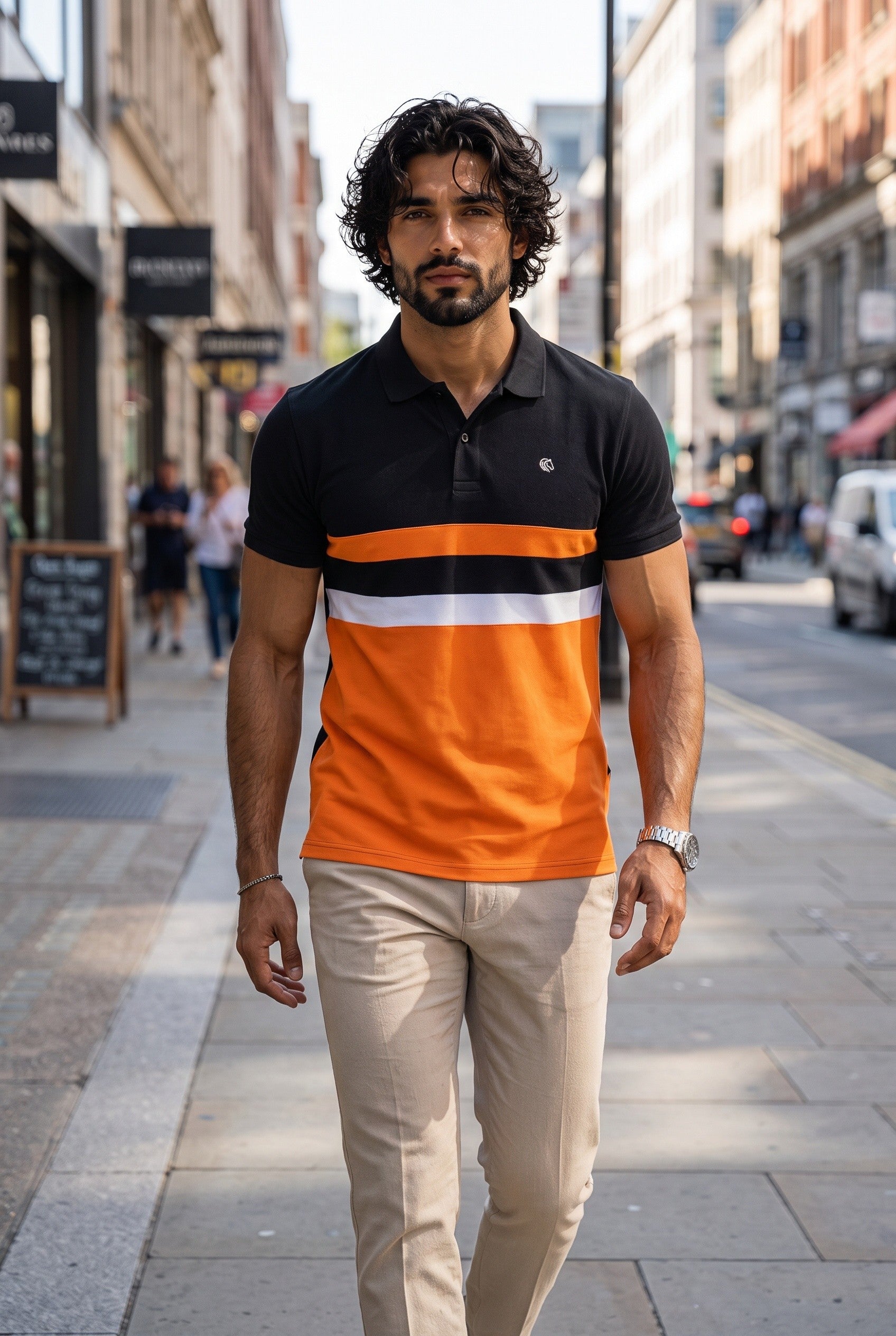 Men’s Cotton Color-Block Horizontal Striped Pique SS Polo Shirt