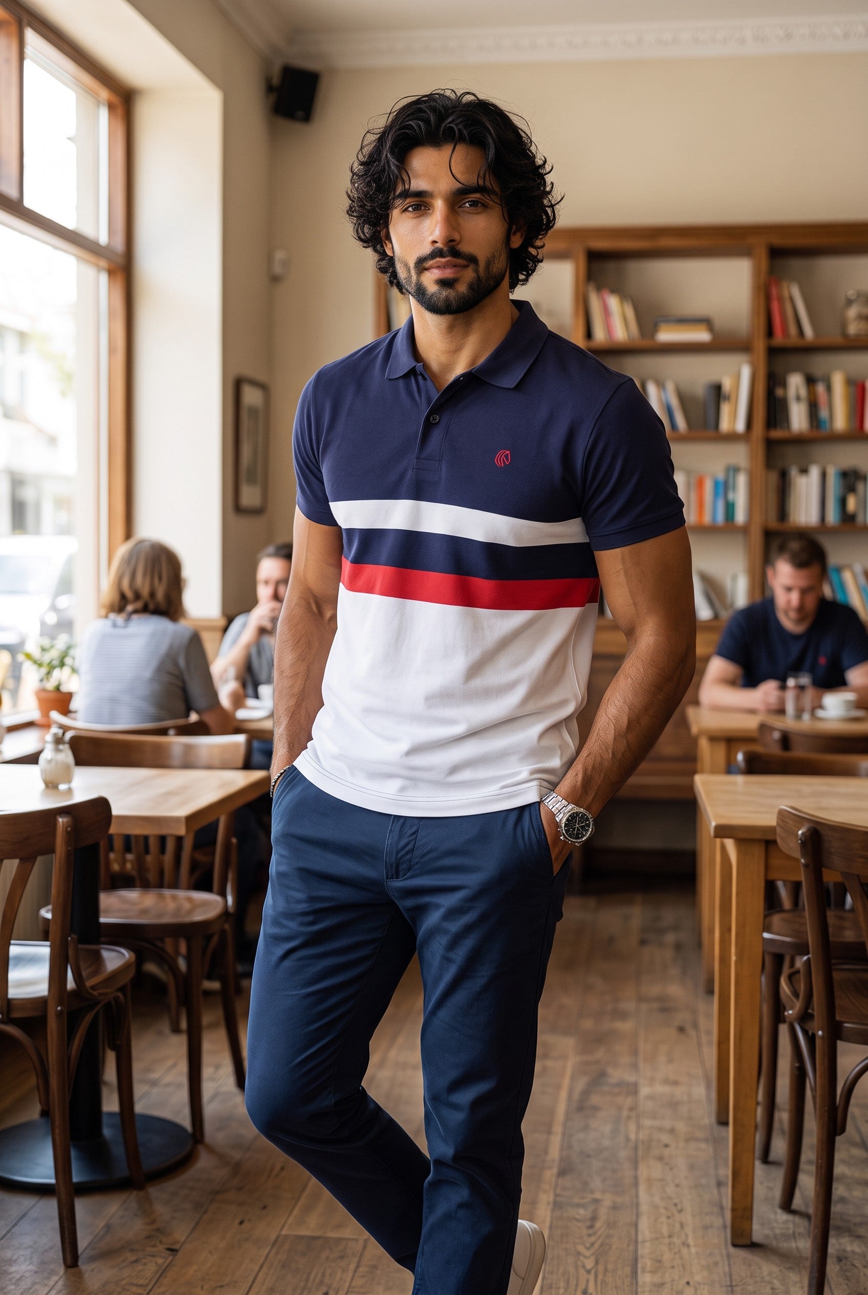 Men’s Cotton Color-Block Horizontal Striped Pique SS Polo Shirt